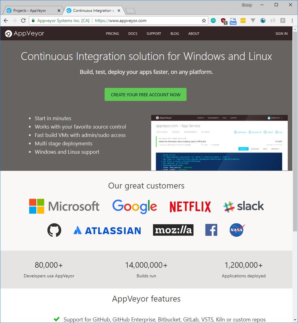 AppVeyor.com homepage