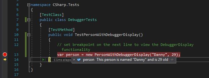 The debugger display showing our custom message